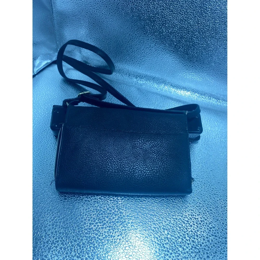 Black Pebbled Faux Leather Crossbody Wallet Bag Gold Tone Hardware Adjustable
